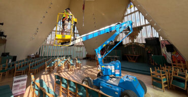 Inspection of the steel frame at St John's, Broadbridge Heath